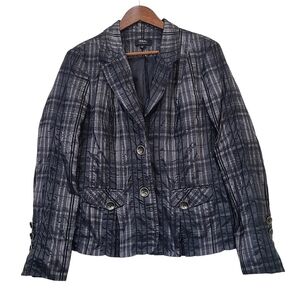Tribal Womens Size 12 Black Gray Plaid Blazer Jacket Crinkle Satin Pockets